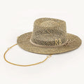 Women's Luxury Striped Raffia Straw Boater Hat with Metal Words and Golden Chain-Outdoor Sports & Business Casual Use