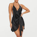 Polyester Solid Color Ladies Evening Dress Summer Lace-Up Mini Backless Black Sexy Backless Club Satin Party Dress for Women