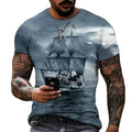Fitspi Vintage Men Ship T-shirts 3D Printed Pirate Ship Crew Neck Short Sleeve T Shirt for Men Oversized Tops Tee Shirt