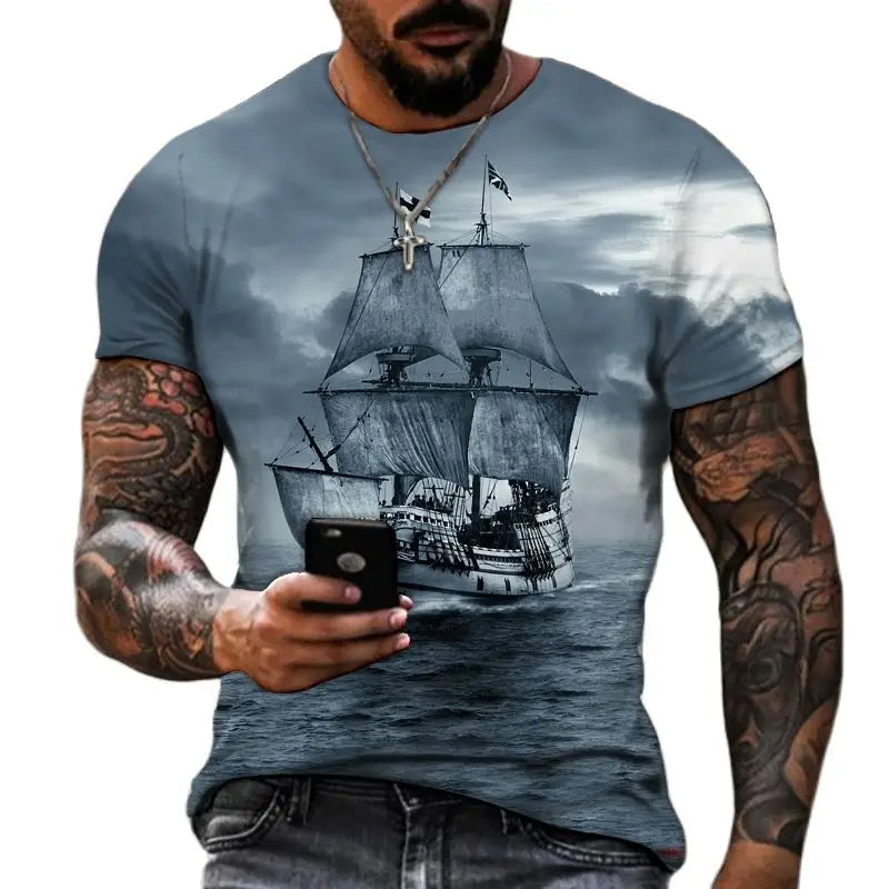 Fitspi Vintage Men Ship T-shirts 3D Printed Pirate Ship Crew Neck Short Sleeve T Shirt for Men Oversized Tops Tee Shirt