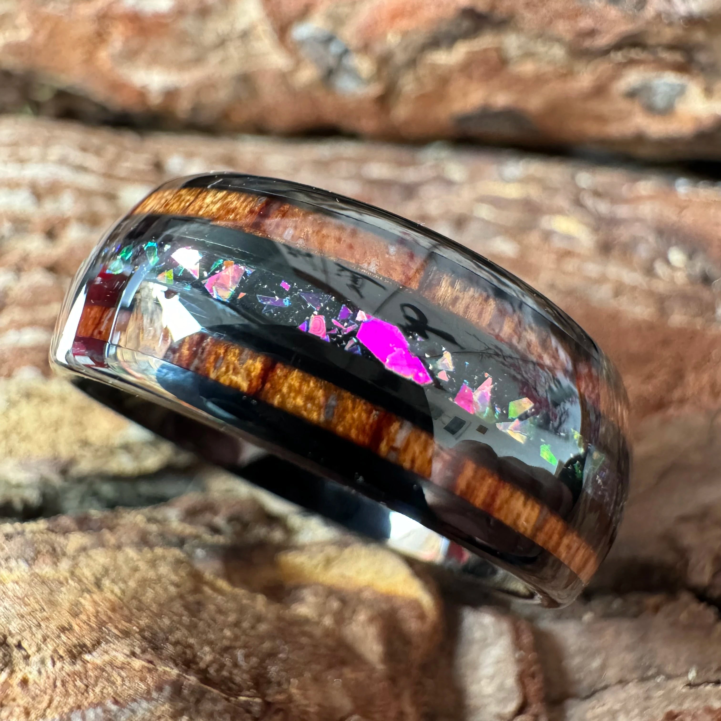 Macho Jewelry 8MM Black Wooden Tungsten Ring with Colorful Shard Middle Rings for Women Men Wedding Rings