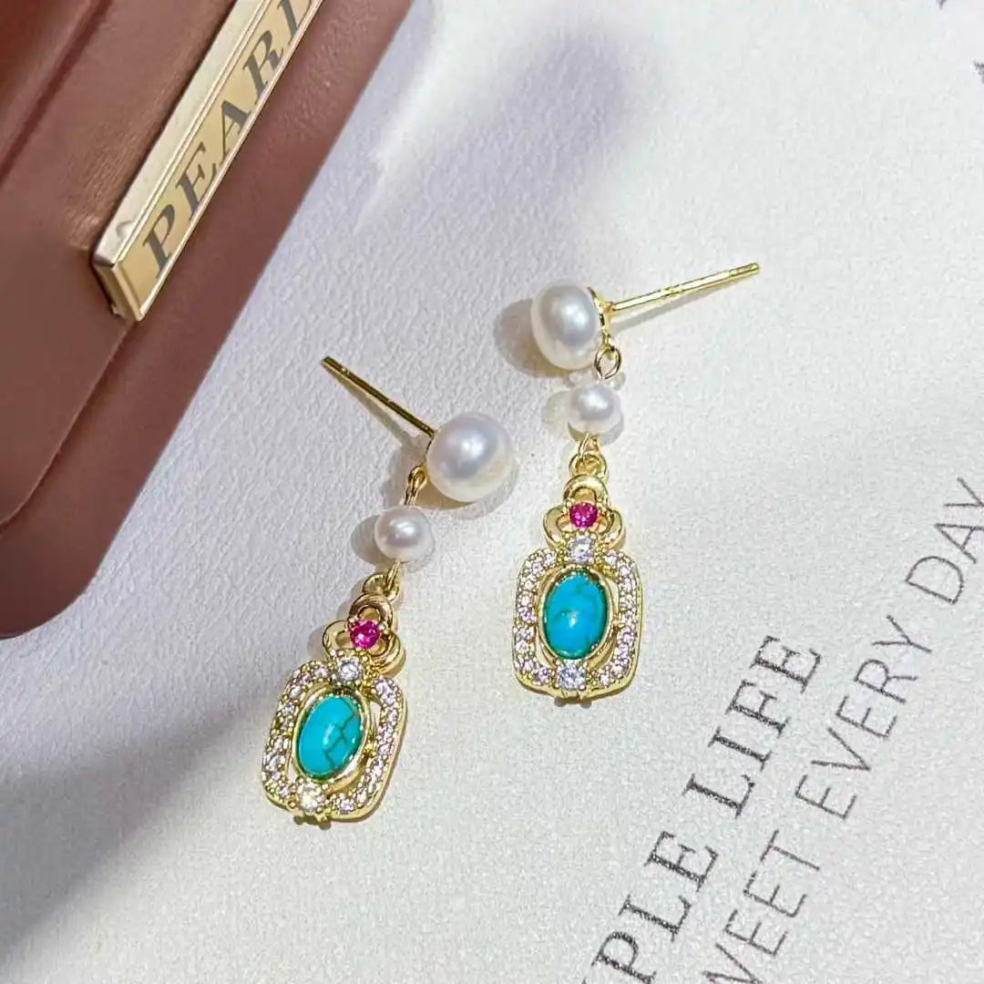Double Bead Gradient Design Turquoise Retro Earrings 3-7mm Natural White Potato Bread Freshwater Pearl Earrings for Girls