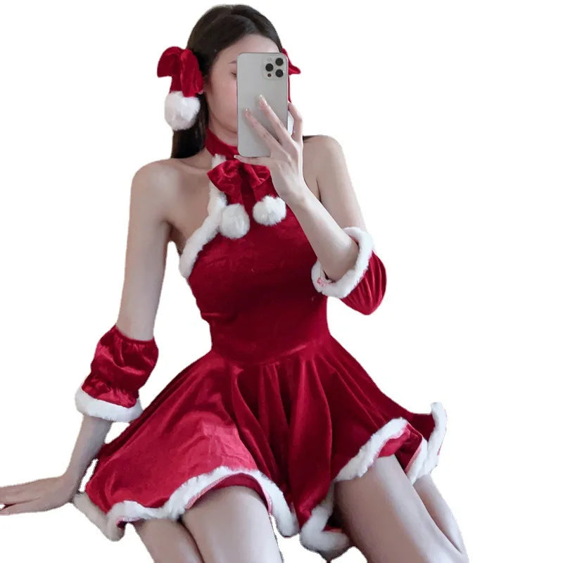Sexy Style Christmas Women's Pajamas Pleuche Material Cosplay Performance Bow Slip Dress and Skirt