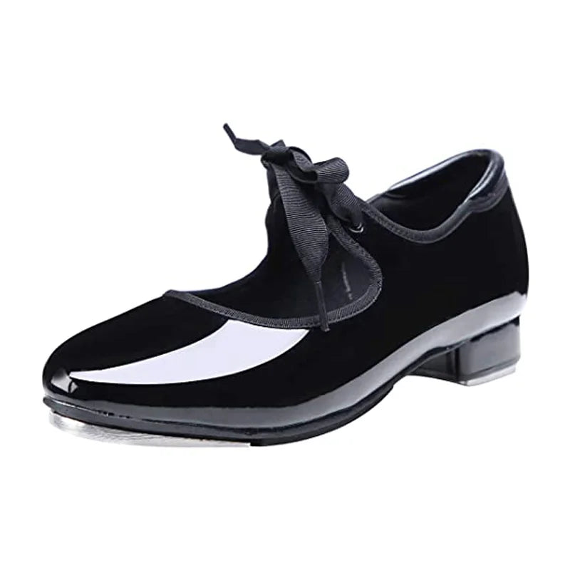 EU and US in Stock Gothic Style Tap Shoes Cute PU Leather Patent Tap Dance Shoe with Ribbon for Women and Men