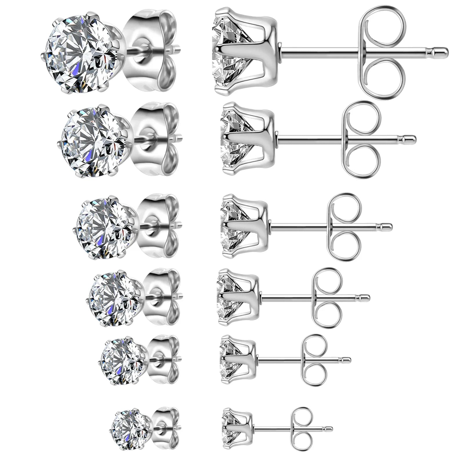 New CZ Stone Studded Ear Studs 6 Claw Setting 3A+ Zircon Inlaid Ear Adornment Bright Polished 316L Stainless Steel Stud Earrings