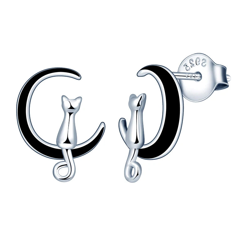 2021 New Arrival Stud Earring Trends 925 Silver Cat on Moon Earings for Women