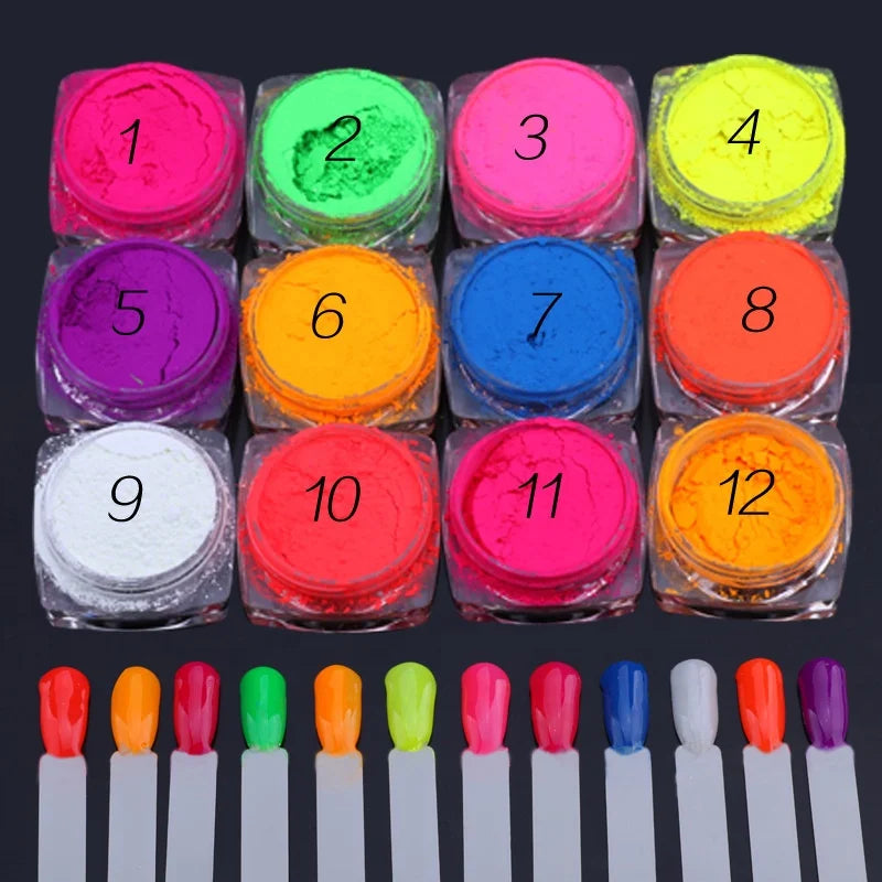12 Jars Neon Phosphor Pigment Powder Set Fluorescent 3D Nail Glitter Eye Powder Manicure Nail Art Dust for Nail Art Decoration