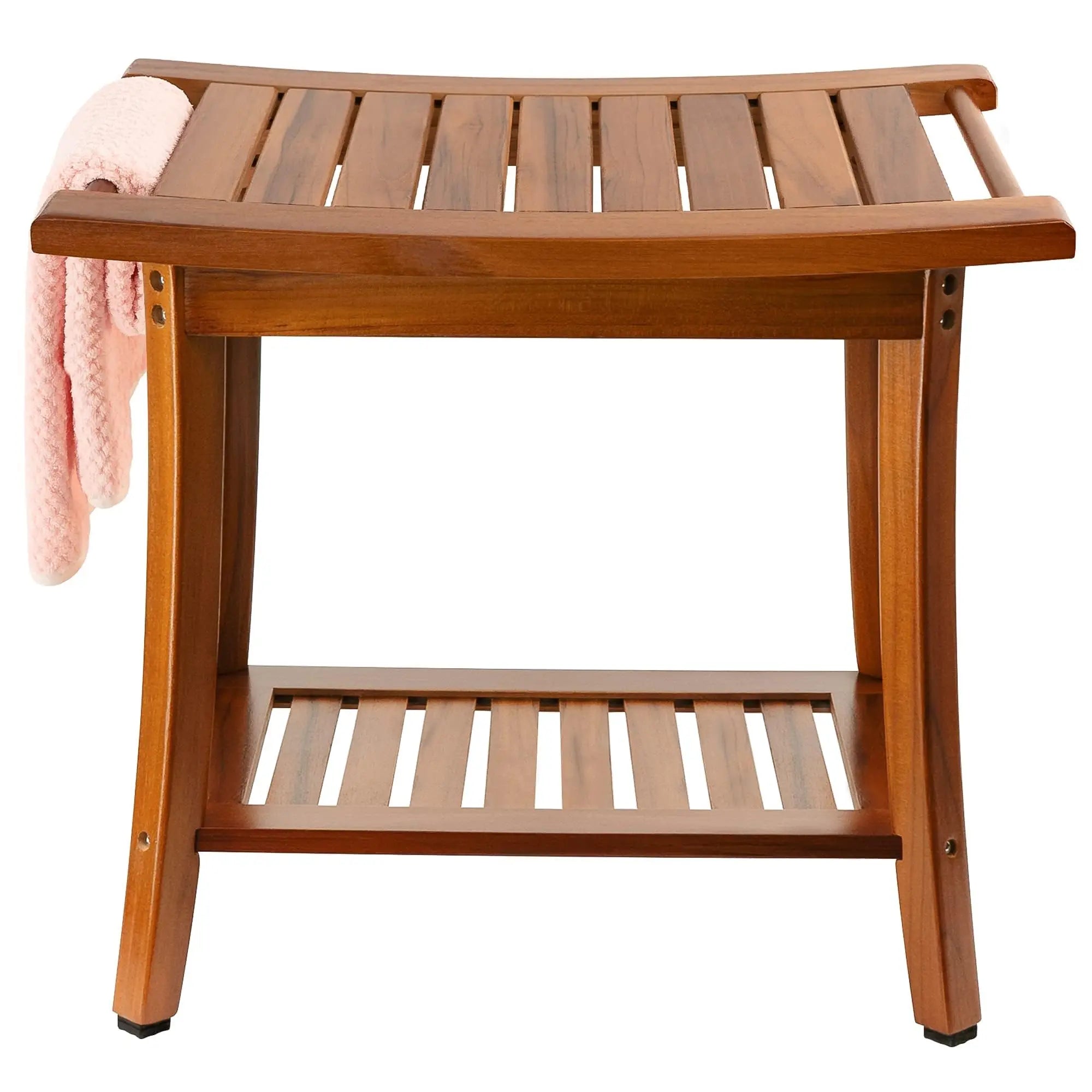 Teak Shower Bench Seat with Handles Space Saving 2 Tier Wood Shower Bench Wooden Shower Stool Waterproof for Shaving