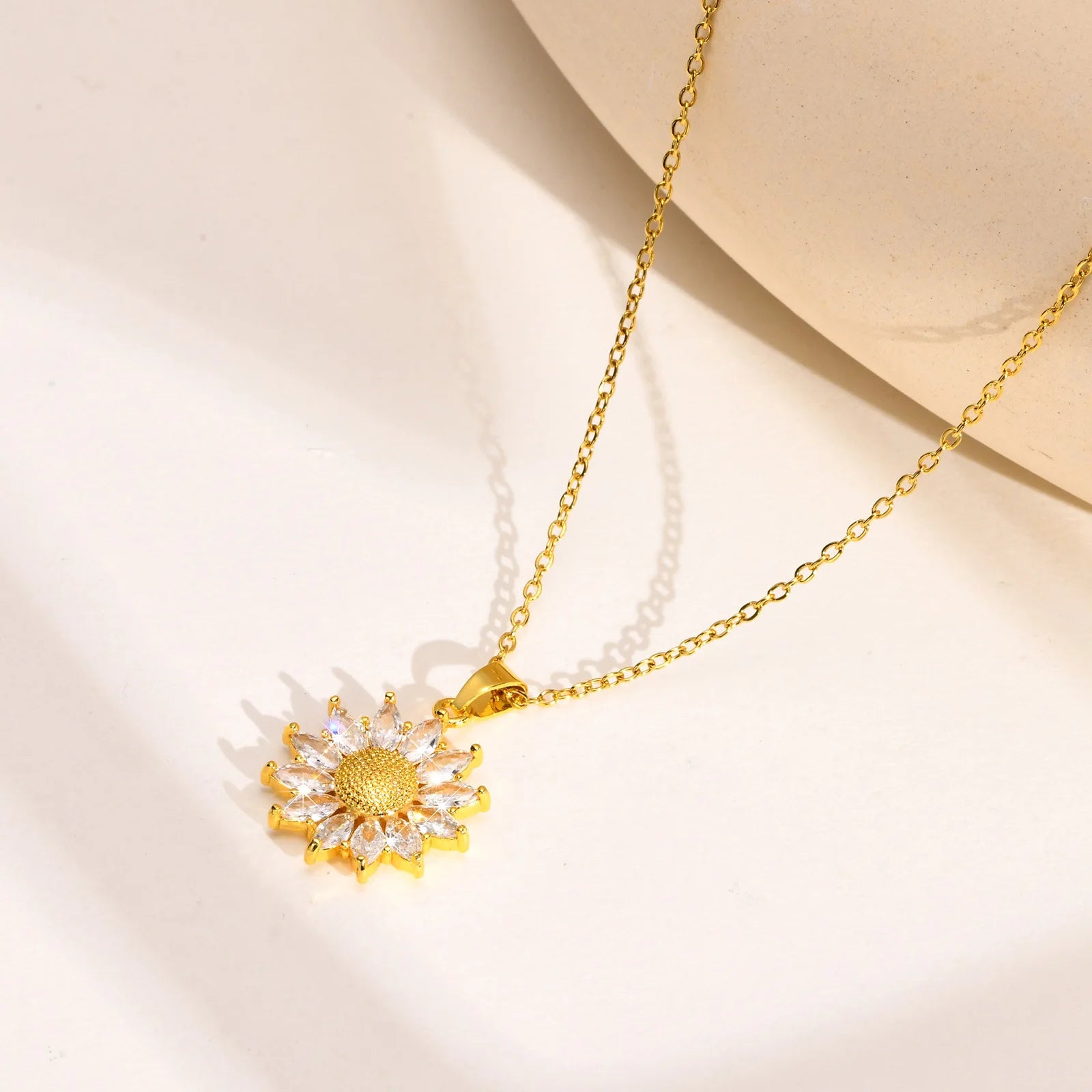 Hot Stainless Steel Sunflower Pendant Zircon Necklace Women's Personality Fashion Jewelry