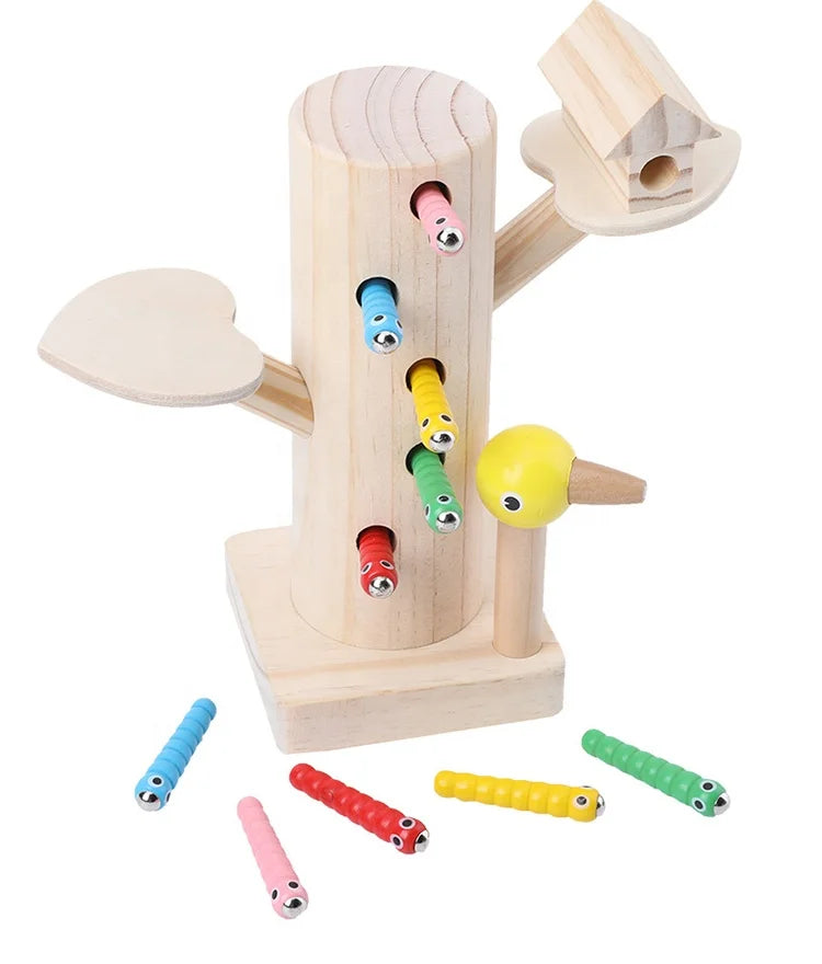 Montessori Children's Wooden Catching Insect Worms Tree Game Educational DIY Programming Arts and Craft Toys for Boys Girls