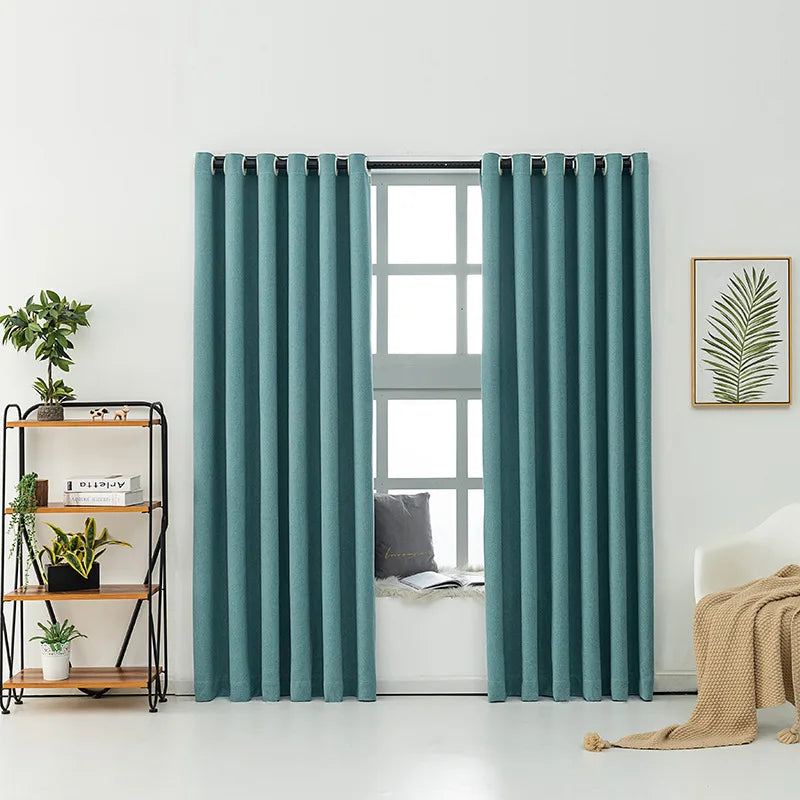 Cheap Simple Green Double-Sided Hemp Curtains Semi-Shading Polyester Perforated Bedroom Solid Curtains