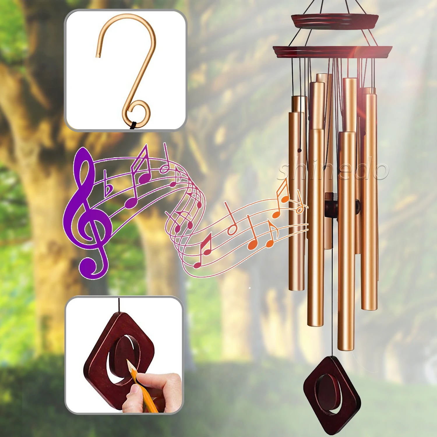 38 Inch Memorial Decorative Wind Chime Unique Double Plate Design 8 Aluminium Tubes Personalized Wood Aluminum Meaningful Gift