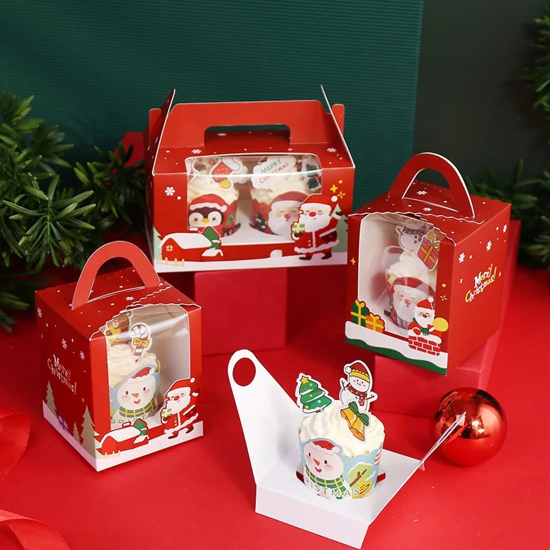 Wholesale Opening Portable Christmas Paper Cup Cake Box Mafen Cup Packaging Snowflake Pastry Nougat Cookies Box with Window