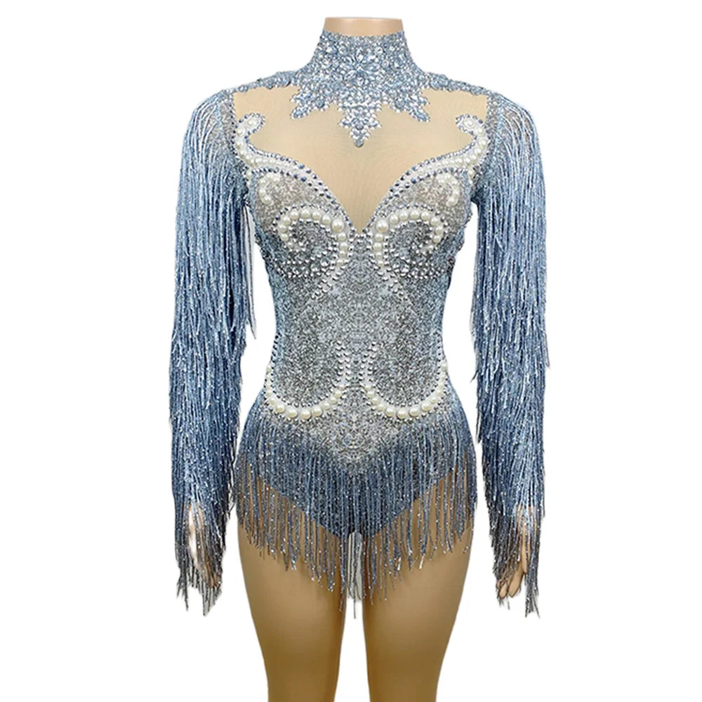 Sexy Pearls Rhinestone Jumpsuit Female Tassel One Piece Jumpsuits Pole Dance Leotard Rompers Club Show Outfits Women Bodysuit