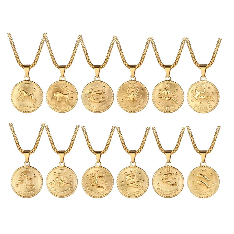 Gold Plated Stainless Steel Round Pendant Custom Stamping Embossed Zodiac Pendant Necklace