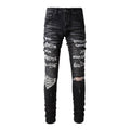 High Quality Black Denim Pants with Elastic Ripped Patch Tapered Streetwear Design for Men Boyfriend Hip Hop Style
