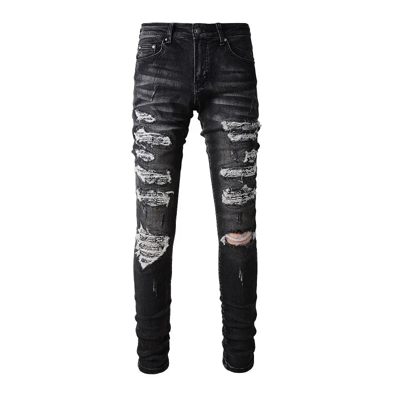 High Quality Black Denim Pants with Elastic Ripped Patch Tapered Streetwear Design for Men Boyfriend Hip Hop Style