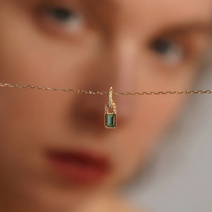 Europe Fashion INS 18K Gold Plated Pure 925 Sterling Silver Green Zircon Lock Pendant Necklace for Women Girls Jewelry