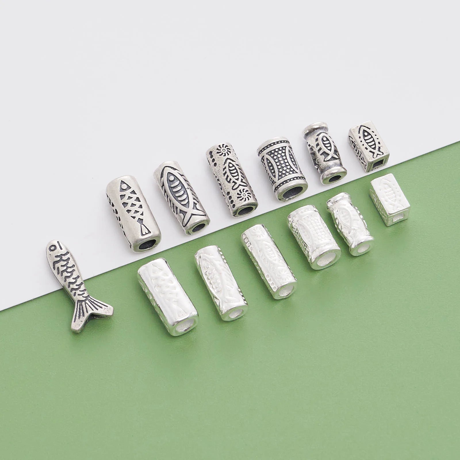 Retro 925 Sterling Silver Round Tube Spacer Beads Antique Silver Engraved Small Fish Square Tube Beads for Jewelry Making