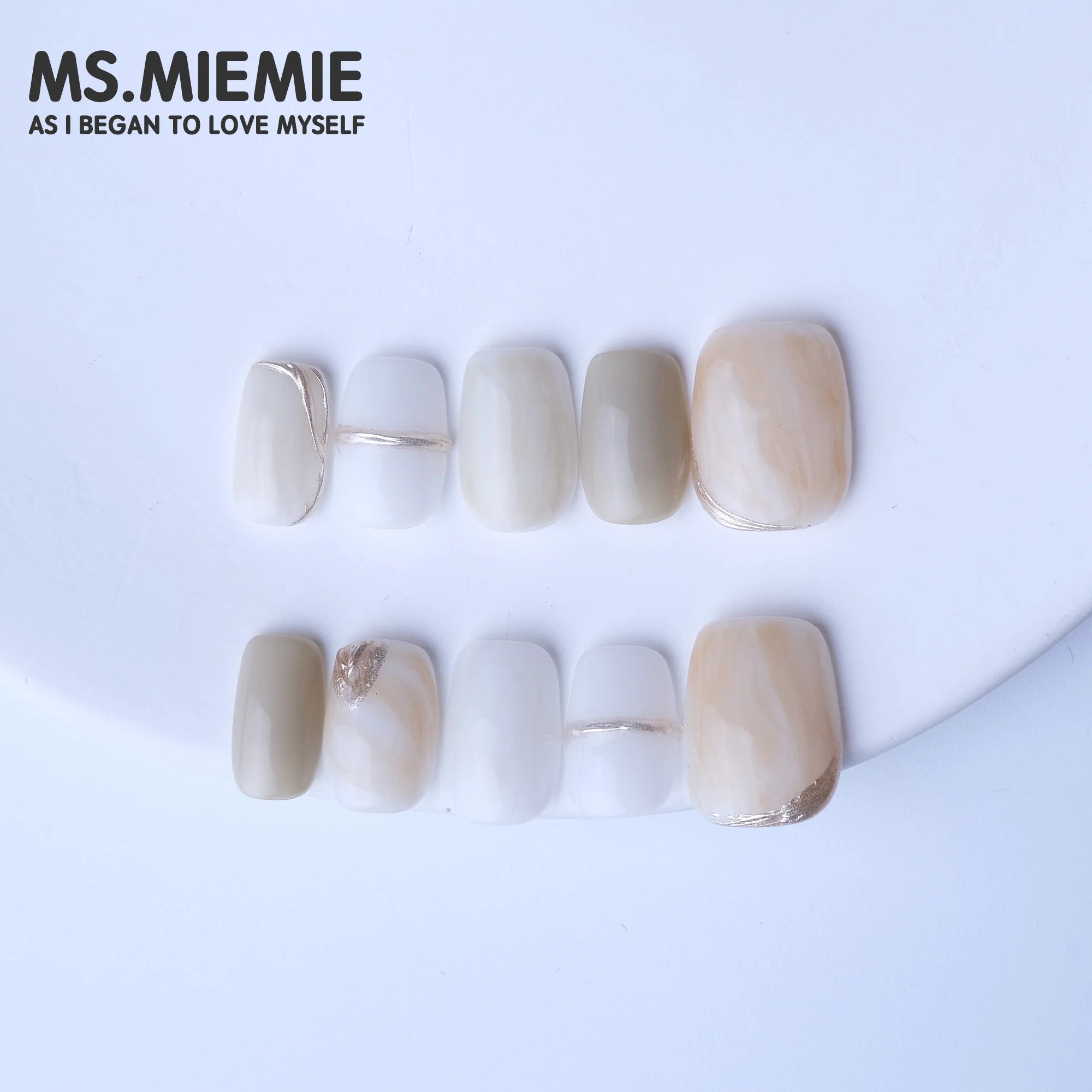 Ms.Miemie Handmade Reusable ABS Artificial Fingernails Short Square Press 3D-Embossed Halo Dyeing Hand-Painted Full Cover Nails