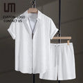2025 New Men's Casual 2-Piece Set Solid Pattern Short Sleeve Shirt Drawstring Shorts for Daily Outdoor Loungewear Summer Outfits