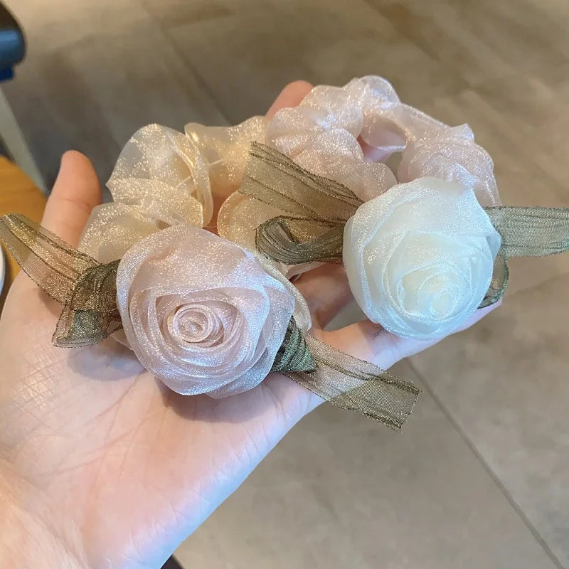 MIO Organza Skinny Hair Ties Rose Romantic Mesh Flowers Hair Scrunchies for Women Lady Rubber Band Simple Latest Design