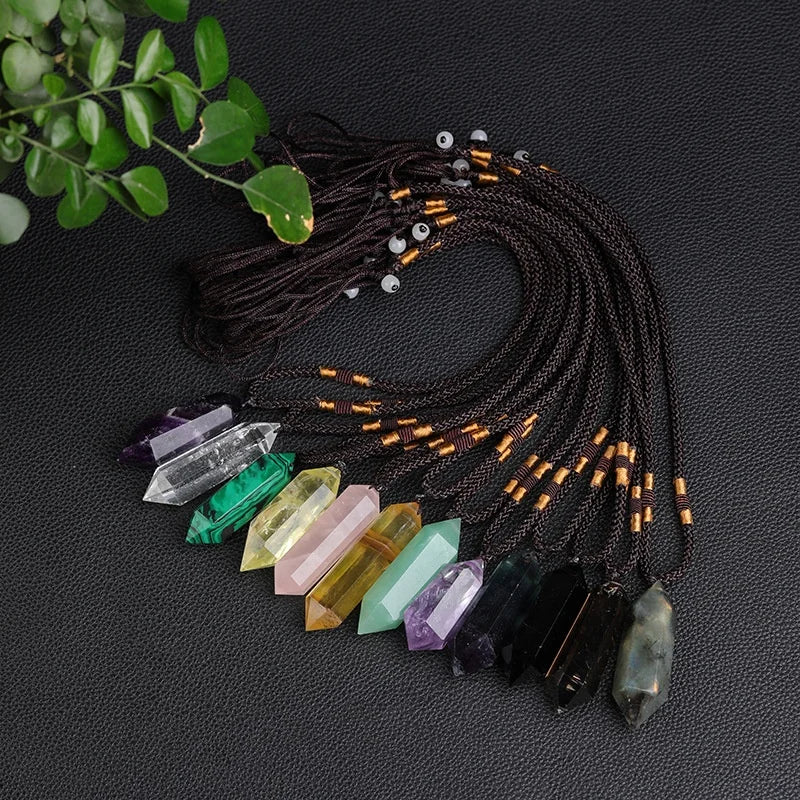 Wholesale Rinhoo Natural Stone Healing Crystals Rose Quartz Hexagonal Point Pendant Necklace Amethyst Necklace
