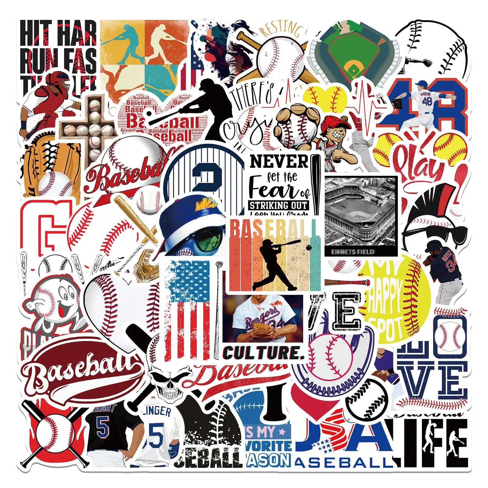 50 Pcs Baseball Graffiti PVC Waterproof Stickers for Skateboard Laptop Table Pencil Case Refrigerator Table and Books