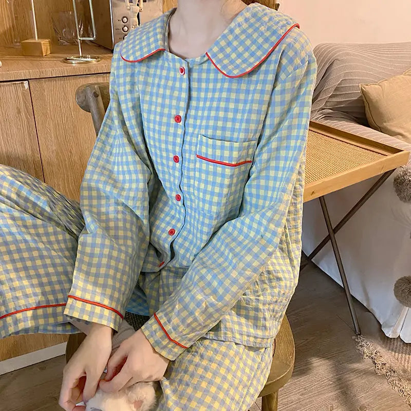 Women's Spring Ong-Sleeved Cardigan Pajamas Plus Size Lapel Cartoon Home Clothes Two-Piece Set