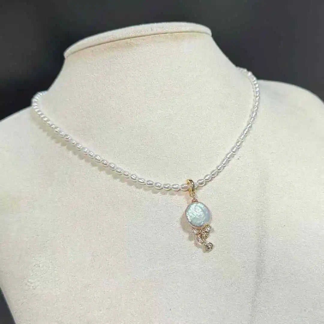 Natural Freshwater Rice Shaped Pearl Button Necklace with Bow Sunflower Pendant Multiple Wearable Freshwater Pearl Jewelry