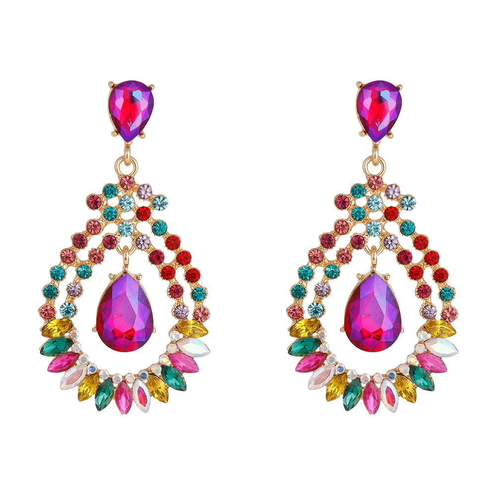 Vintage Colored Crystal Geometric Statement Earrings Rhinestone Water Drop Shaped Dangle Earrings Wedding Jewelry