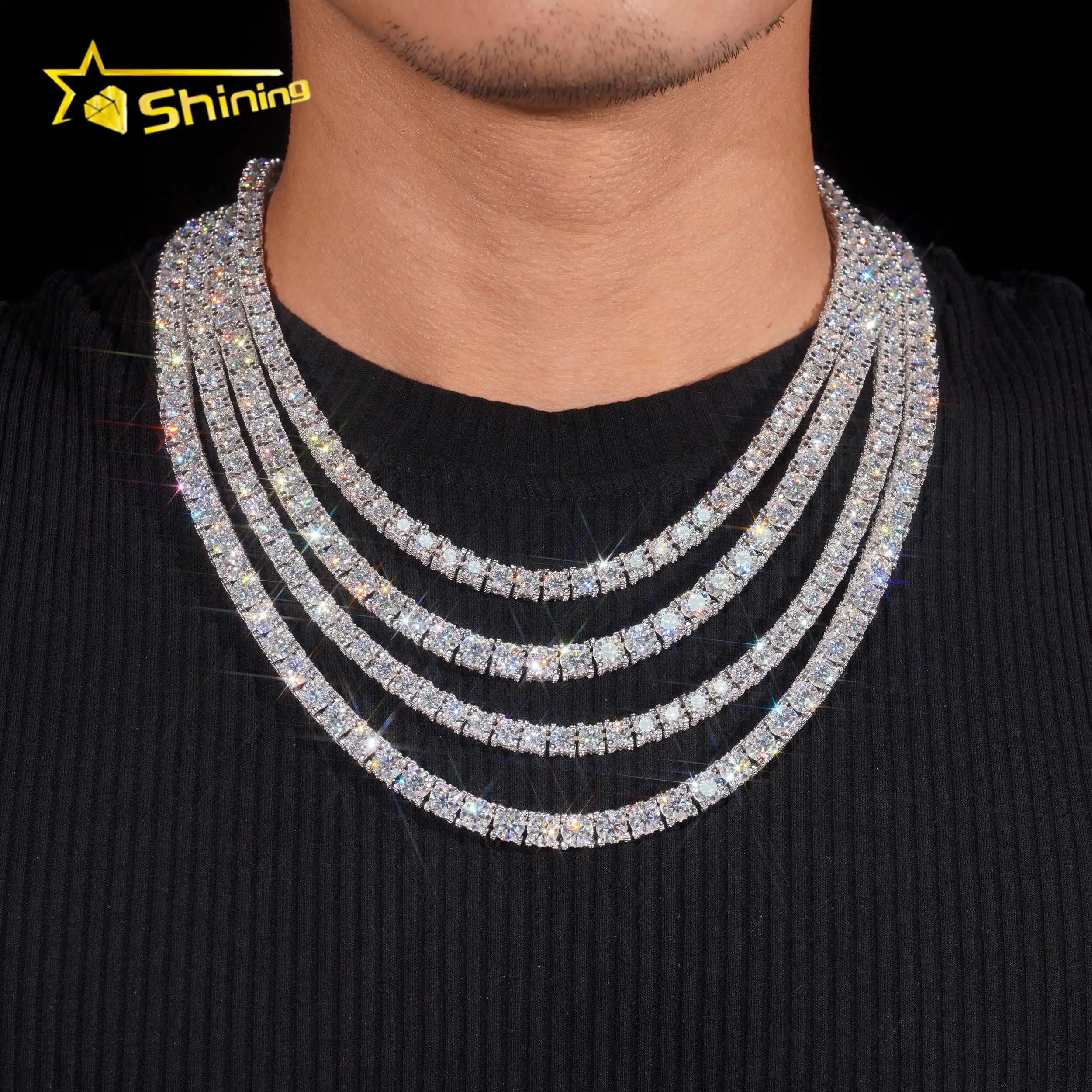 RTS Factory Price Hip Hop 925 Sterling Silver 5mm 6.5mm VVS Diamond Necklace Fully Iced Out Moissanite Tennis Chain
