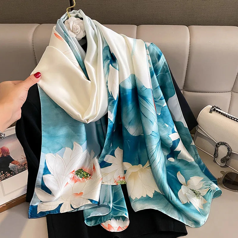 Newest Arrival Fashion Ladies Flower Pattern Silk Scarf Elegant Lotus Floral Printed Silk Shawls Long Soft Women's Silk Hijabs