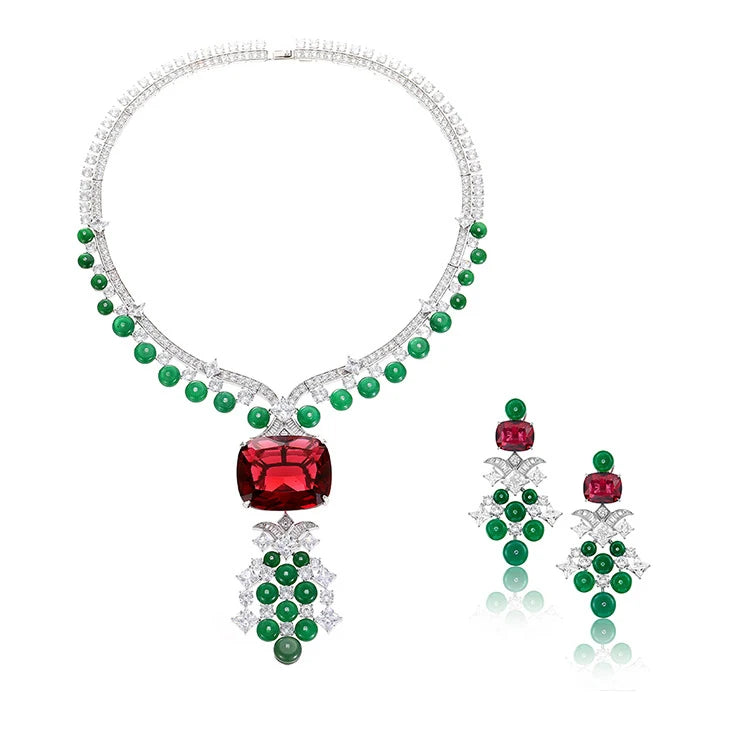 Luxury Big Pendant Long Necklace Ruby Red Zirconia Colorful Crystal Chocker Necklace and Earring Jewelry Set for Wedding