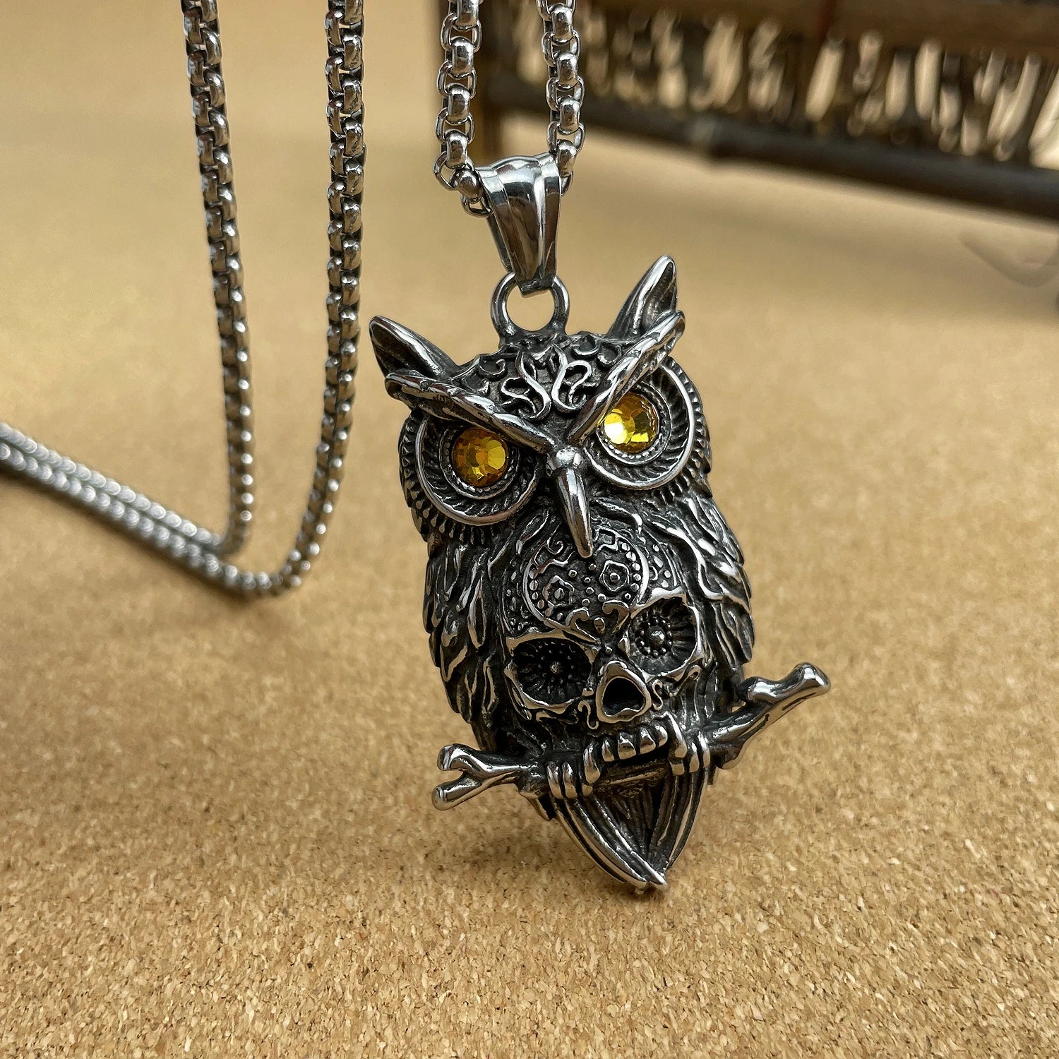 Creative Gothic Viking Owl Skull Pendant Necklace Punk 18K Gold Plated Stainless Steel Chain for Men Party Jewelry