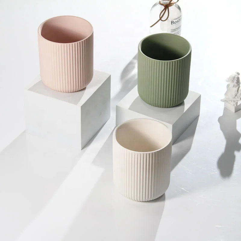 Elegant Unique Eco Friendly Handmade Ceramic Candle Container Luxury Empty Embossed Stripe Birthday Valentine's Day Christmas
