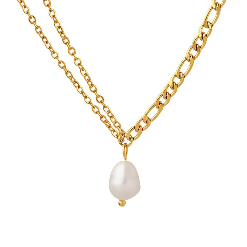 Fashion Double Chain Freshwater Pearl Necklace Waterproof Titanium Steel 18K Gold Women Jewelry Party Gift