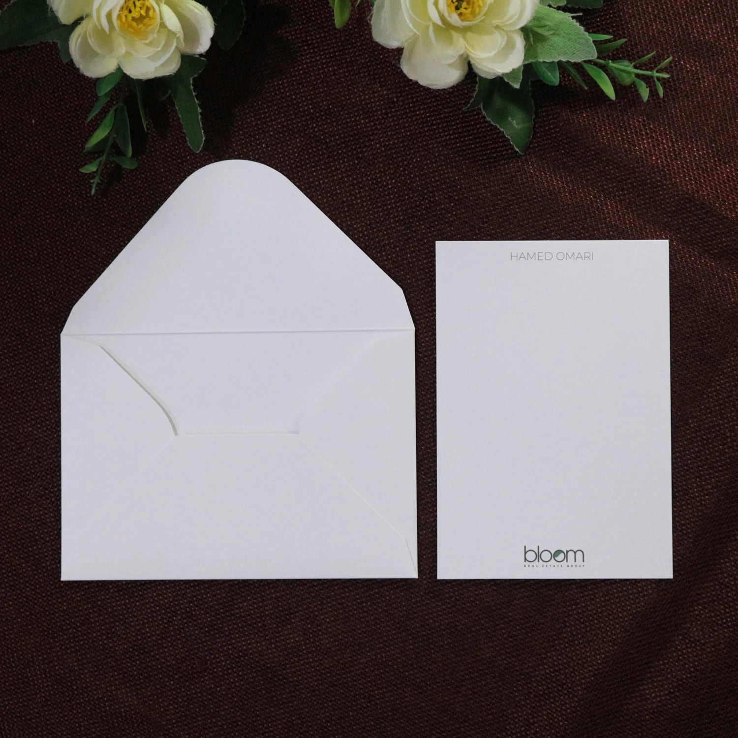 Custom Simple White Envelope and Card Inserts Paper Card with Color Printed Text and Company logo for Business Event