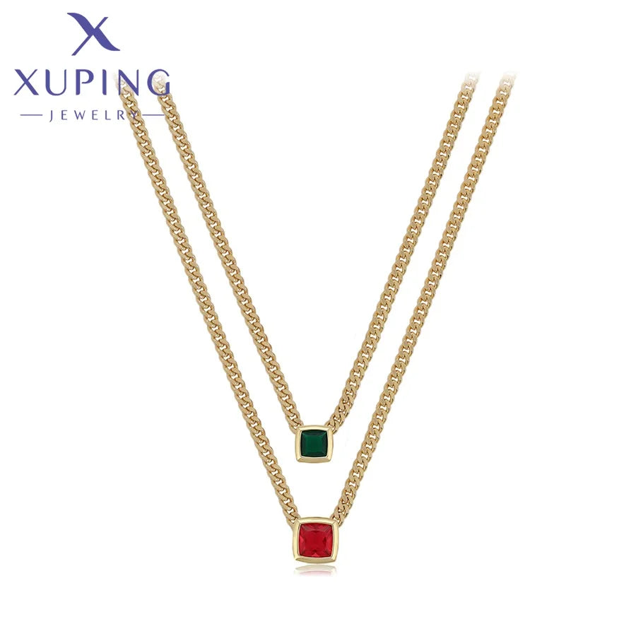 Xuping Jewelry's Women's Two-Layered Cuban Necklaces Red Green Stainless Steel Fashionable