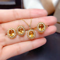 AA01074 Stainless Steel Crystal Yellow Stone Ring Necklace Earrings Sets Fashion Stud Earrings for Women Wedding Jewelry Gift