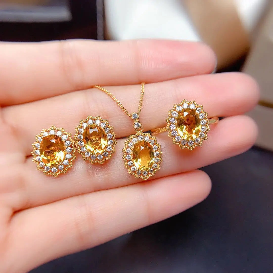AA01074 Stainless Steel Crystal Yellow Stone Ring Necklace Earrings Sets Fashion Stud Earrings for Women Wedding Jewelry Gift