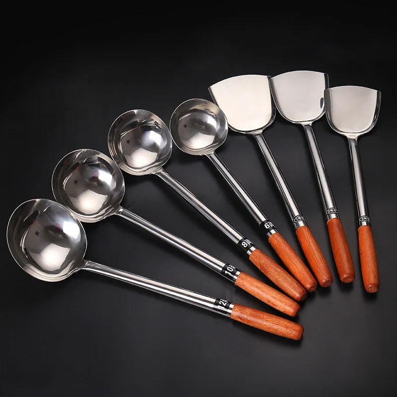 Professional Stainless Steel Skimmer & Ladle Wholesale Bulk Chef Tools with Wood Handle for Commercial Kitchen 10/12 Inch