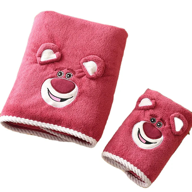Coral Velvet Quick-Dry Compressed Bath Towel Sets Three-Dimensional Printed Bear Lovely Soft Strawberry Design Absorbent