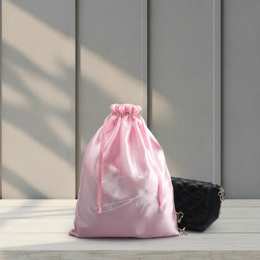 Wholesale Pink Satin Drawstring Shoe Dust Bag for Packing Handbag Custom Logo Printed Hair Pouch with Custom Color & Size