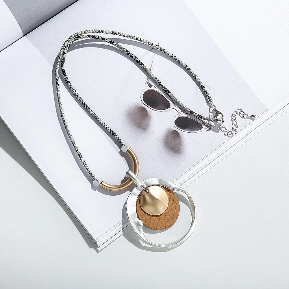TongLing European Retro Geometric Long Sweater Necklace Vintage PU Leather Pendant Necklace for Daily Wearing