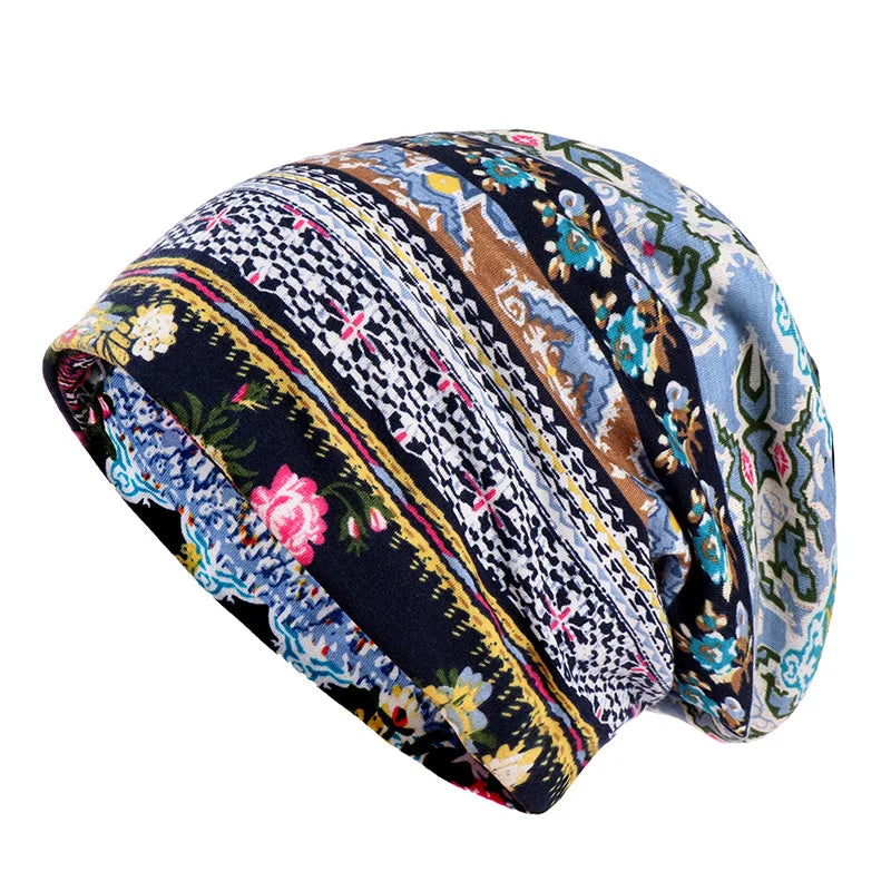 New Thin Pullover Hat for Women's Summer Cotton Print Versatile Sun protection Dual Purpose Hat Inner Turban