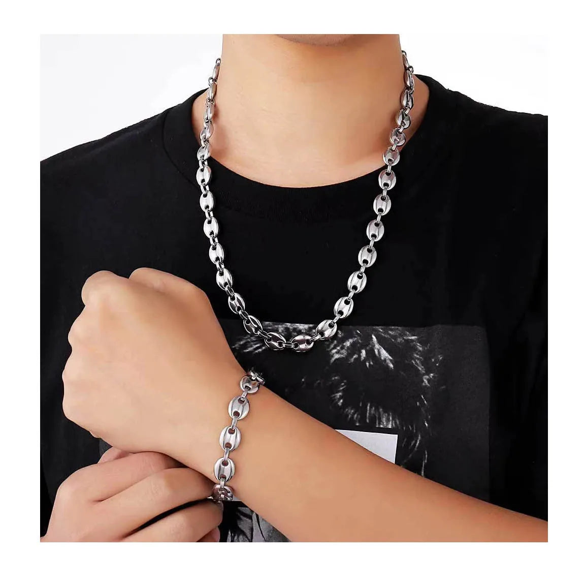 Punk Hip-hop Pig Nose Pendants Necklace 8mm Coffee Bean Gold Plated Chain Necklace for Men Transparent Bracelet and Necklace Set