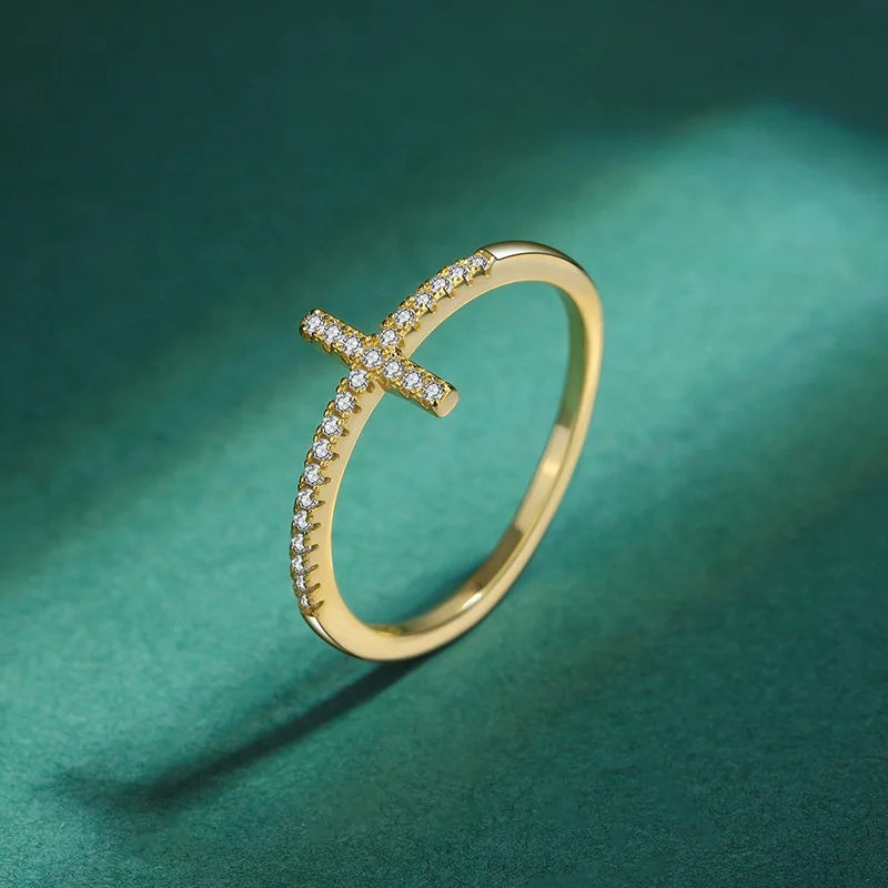 Trendy 925 Sterling Silver 14K Gold Plated Ring with Cubic Zirconia Fashionable Cross Design for Weddings and Parties