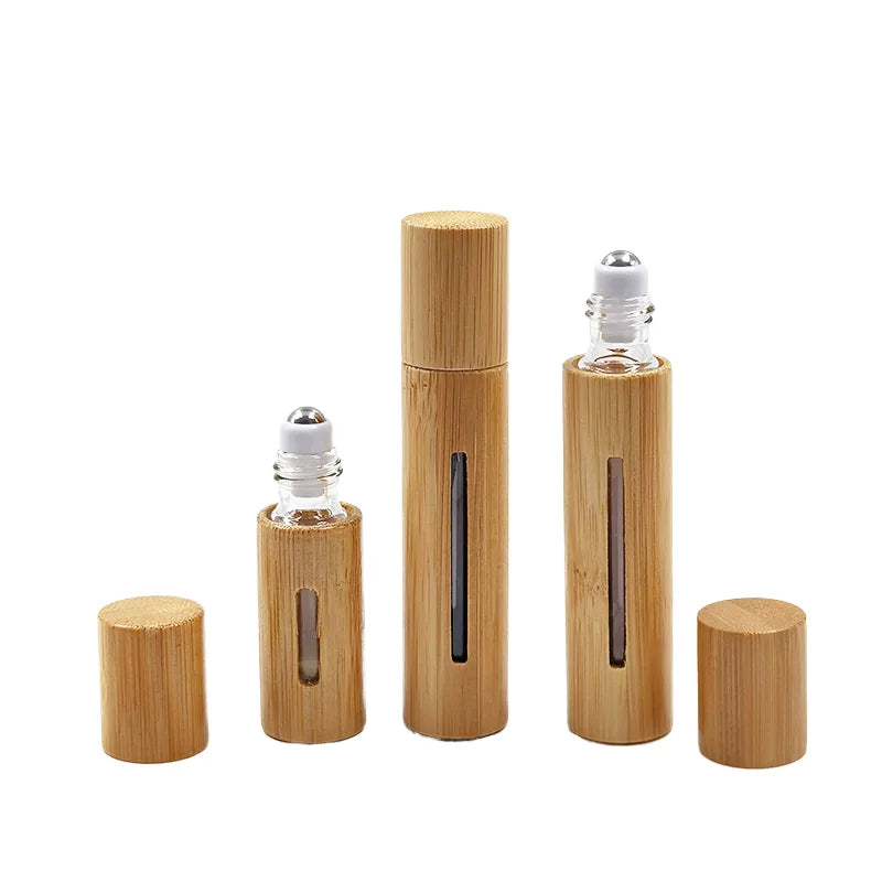 Eco-Friendly Bamboo Roll-on Essential Oil Bottle 3ml 5ml 10ml Glass Cosmetic Packaging with Screen Printed Surface MOQ 100pcs