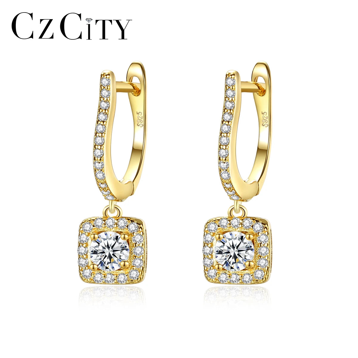 CZCITY Sterling Silver Square Huggie Drop Gold Plated Earrings Zircon Color Cubic Women Fashion Earrings